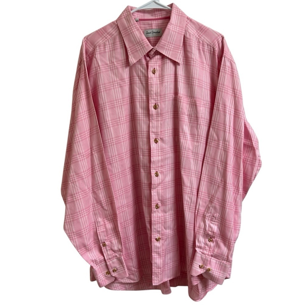 David Donahue Men Size XL Pink Tartan Plaid 100% Cotton Long Sleeve Dress Shirt